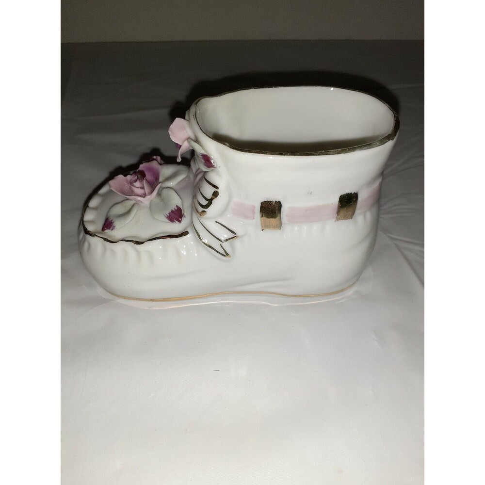 Vintage Collectible Art Deco Porcelain Baby Shoe Painted Flower and Gold Trim